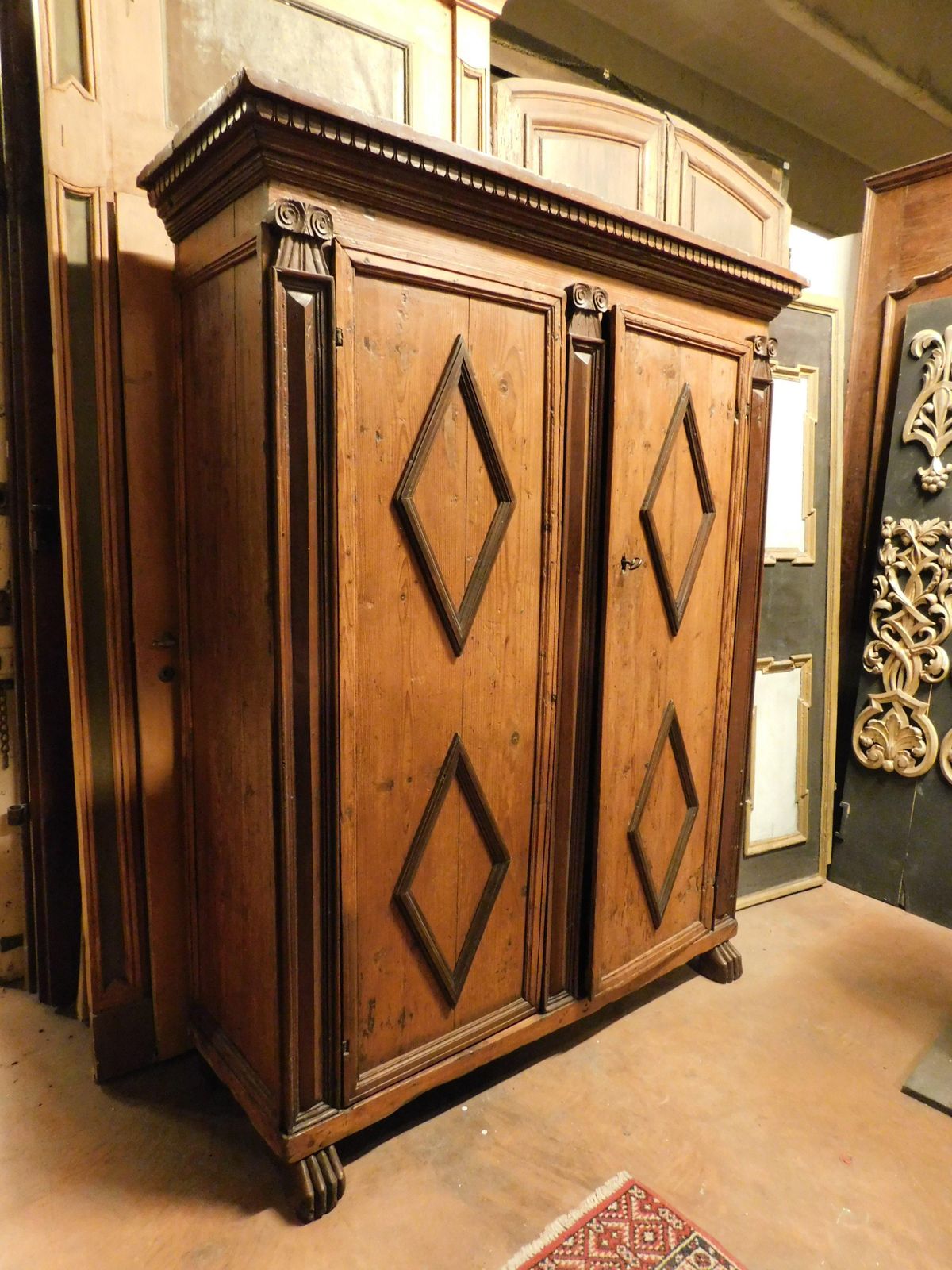 Armoires Wardrobe In Larch Wood With Two Doors With Carved Rhombuses, Italy photo buy
