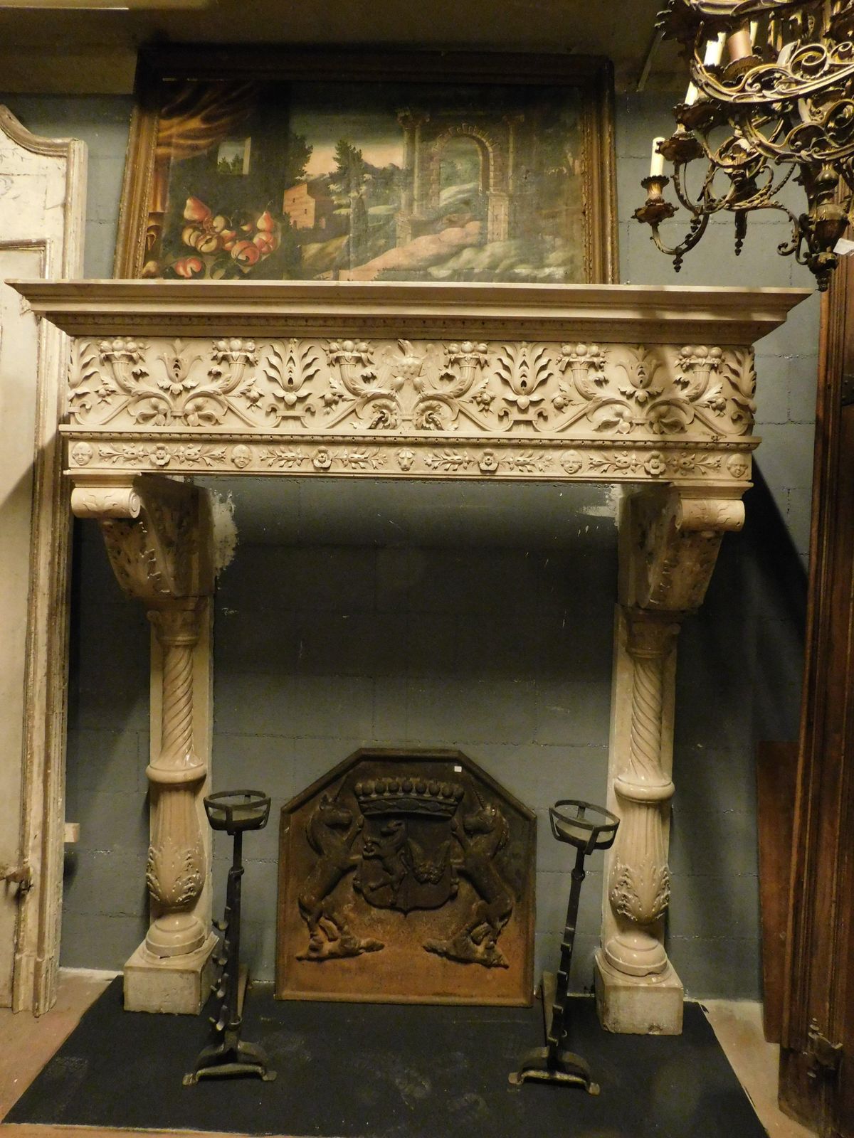 Majestic Eclectic Mantle Fireplace, Richly Carved In Botticino Marble, Italy photo for sale