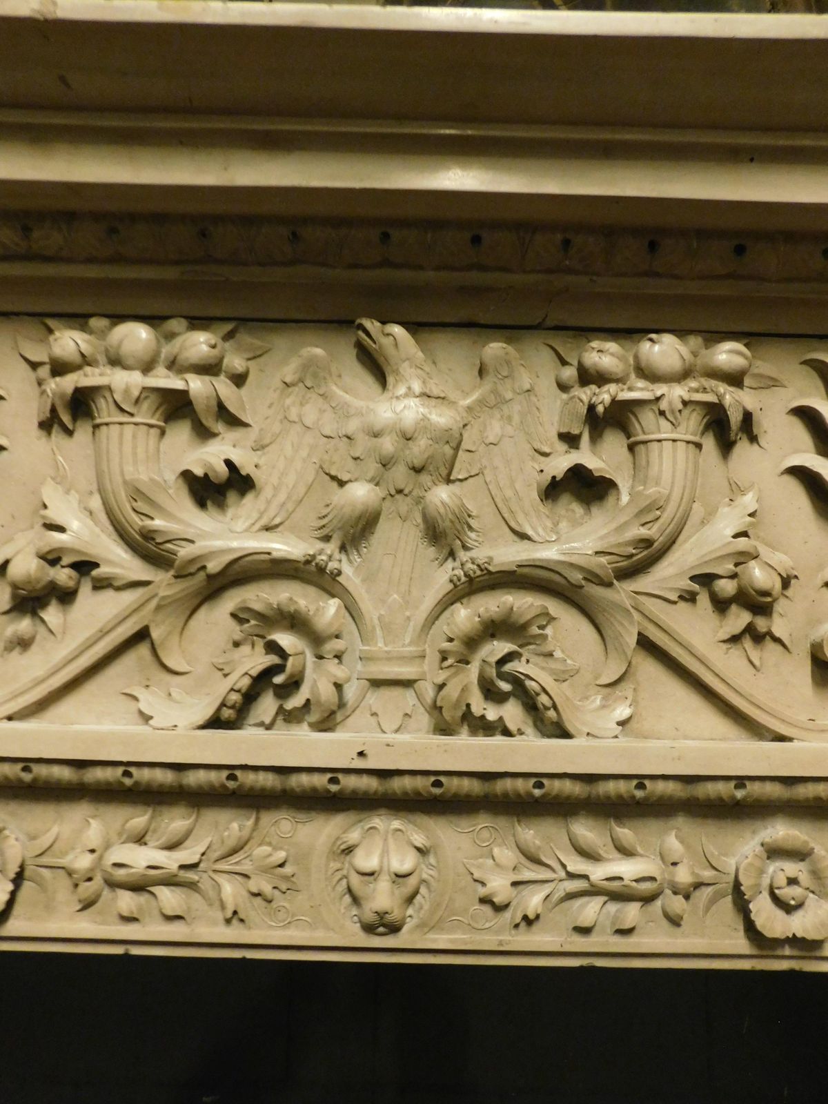 Majestic Eclectic Mantle Fireplace, Richly Carved In Botticino Marble, Italy photo vinterior