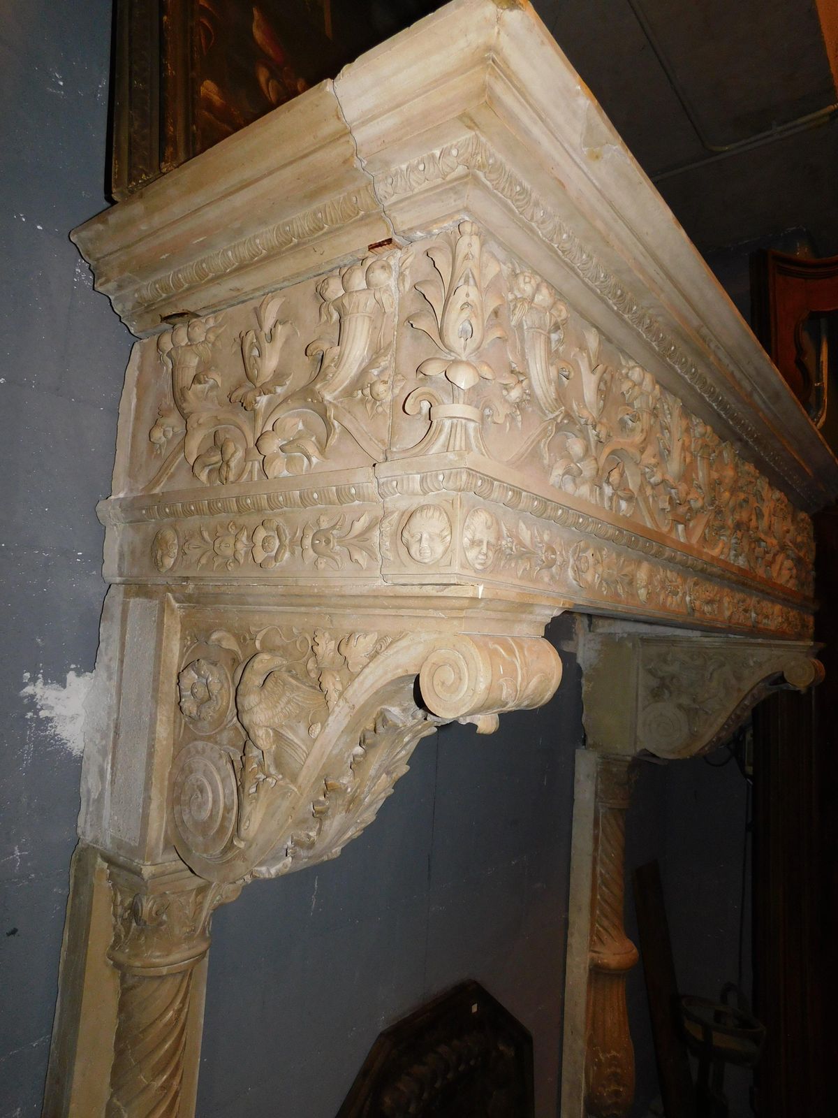 photo vinterior Majestic Eclectic Mantle Fireplace, Richly Carved In Botticino Marble, Italy