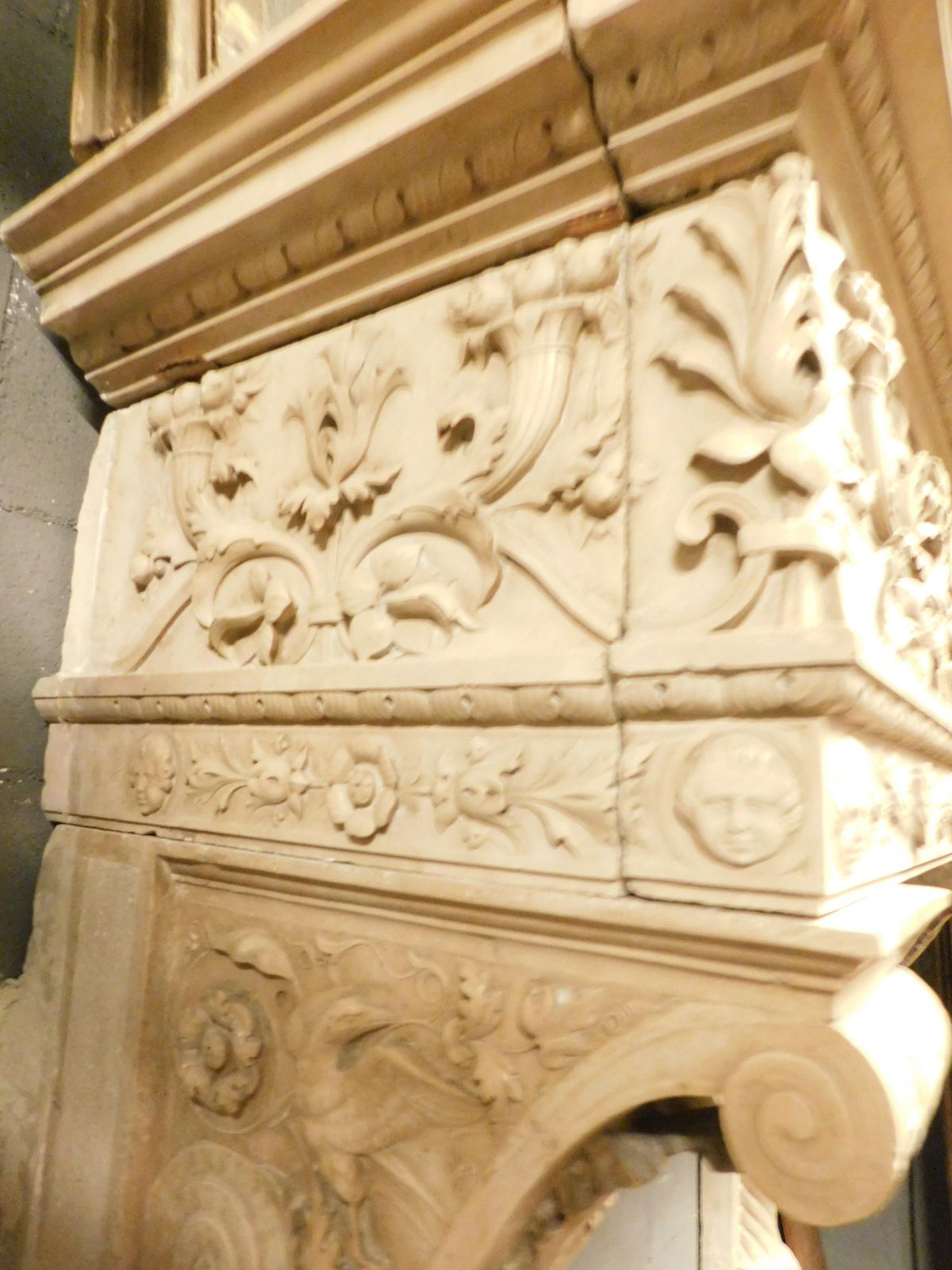 photo vintage Majestic Eclectic Mantle Fireplace, Richly Carved In Botticino Marble, Italy