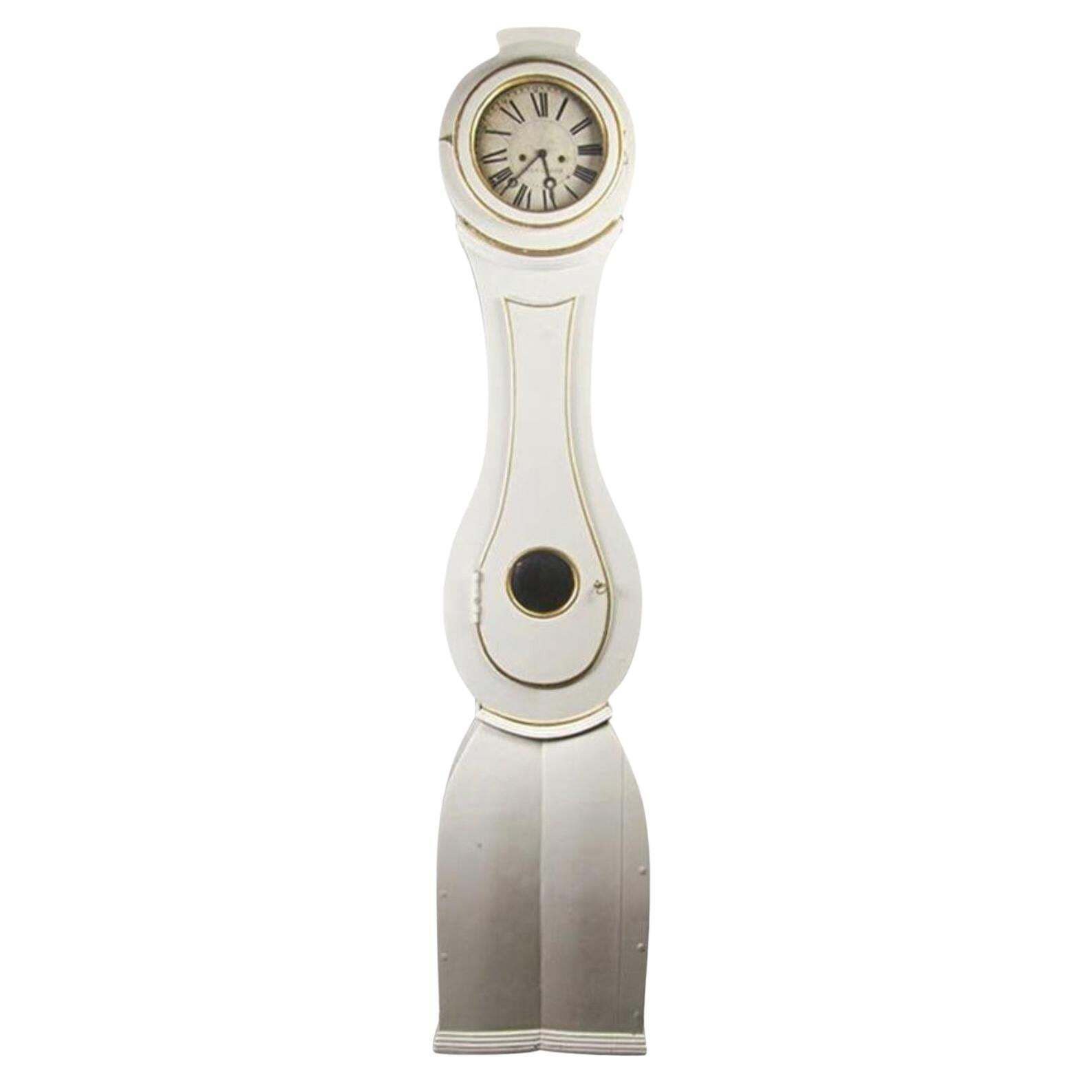 Swedish Mora Clock White Gold Paint, Early 1800s Carved Detail Antique Gustavian