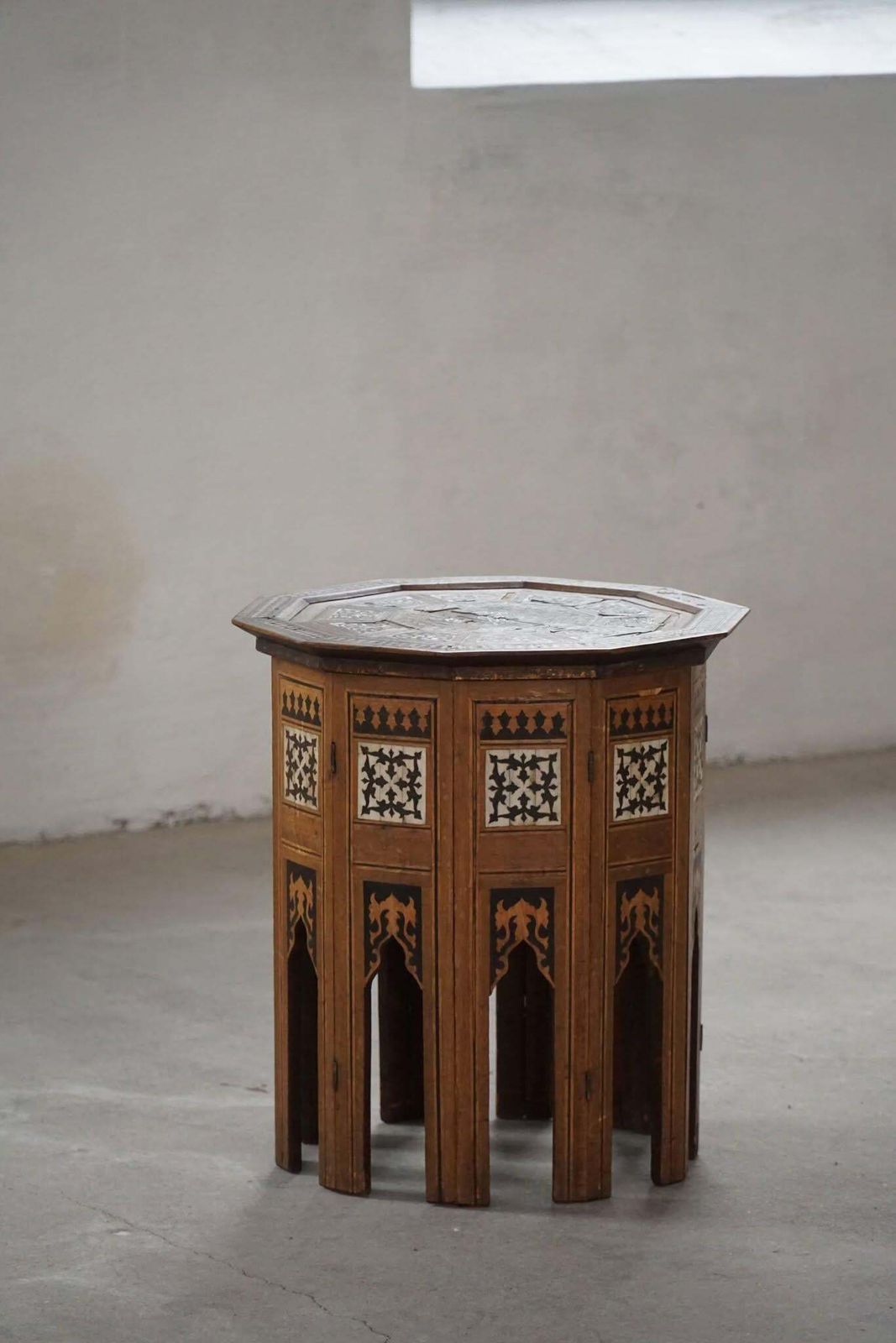 Antique Octagon Shaped Side Table In Oak & Mother Of Pearl Inlay, Ottoman Empire photo furniture