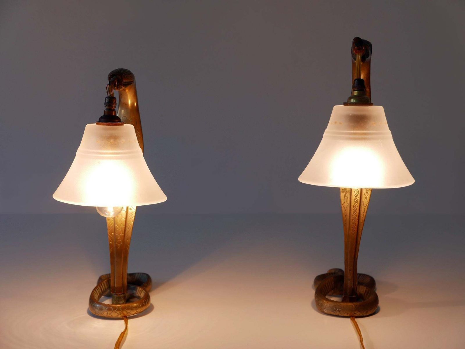 photo furniture Set Of Two Decorative Art Nouveau Bronze Cobra Table Lamps 1910s