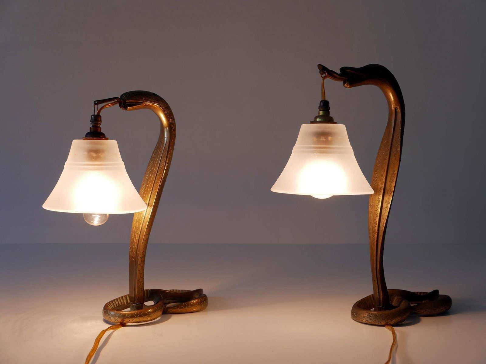 photo vinterior Set Of Two Decorative Art Nouveau Bronze Cobra Table Lamps 1910s
