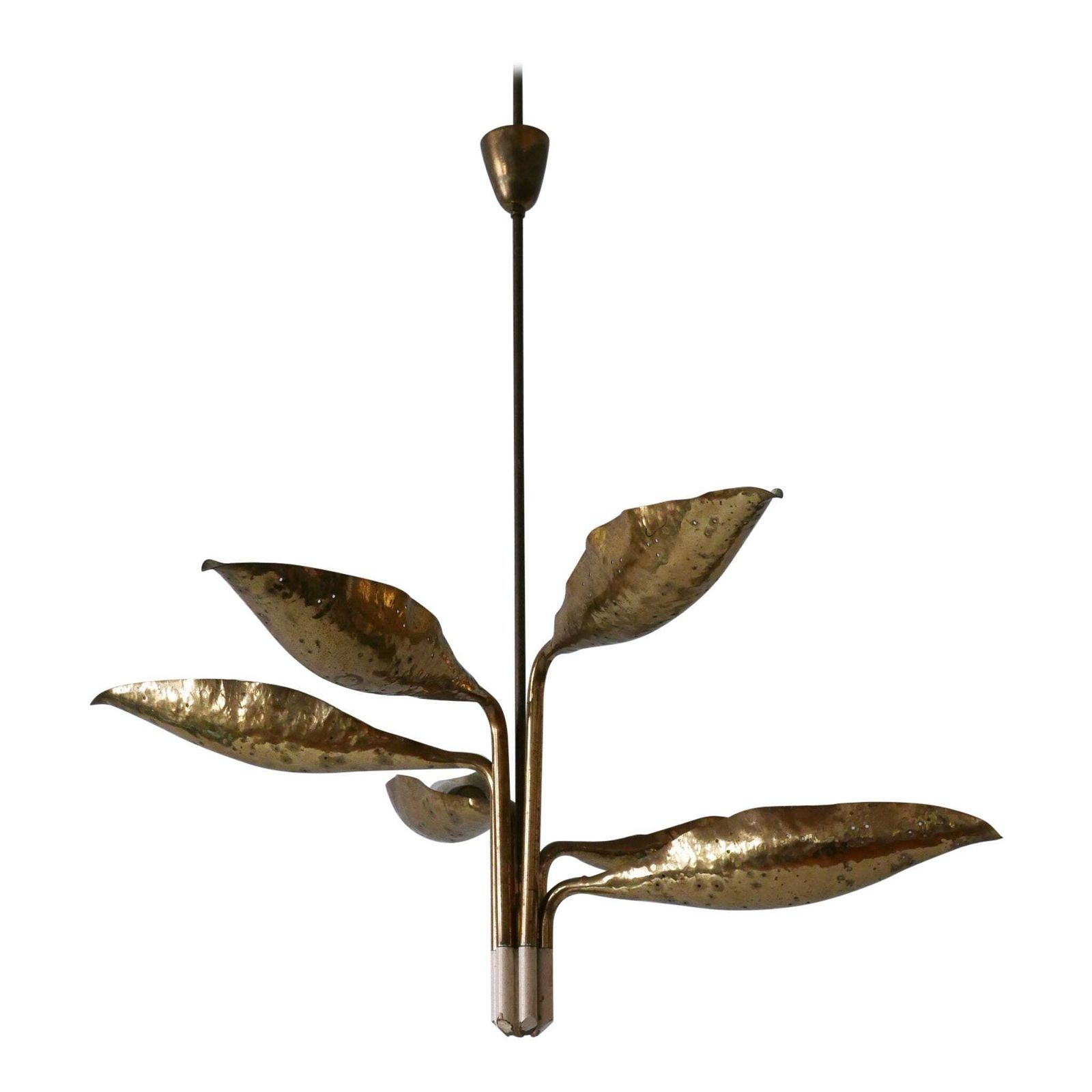 Angelo Lelii Hammered & Perforated Brass Chandelier For Arredoluce Italy 1950s