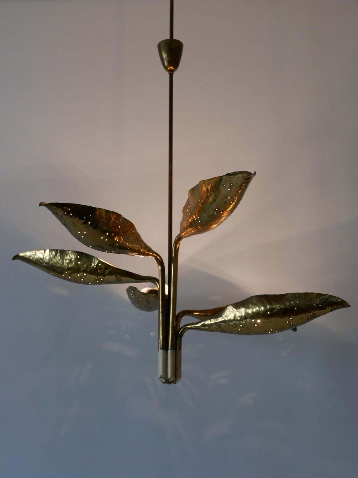 Angelo Lelii Hammered & Perforated Brass Chandelier For Arredoluce Italy 1950s photo furniture