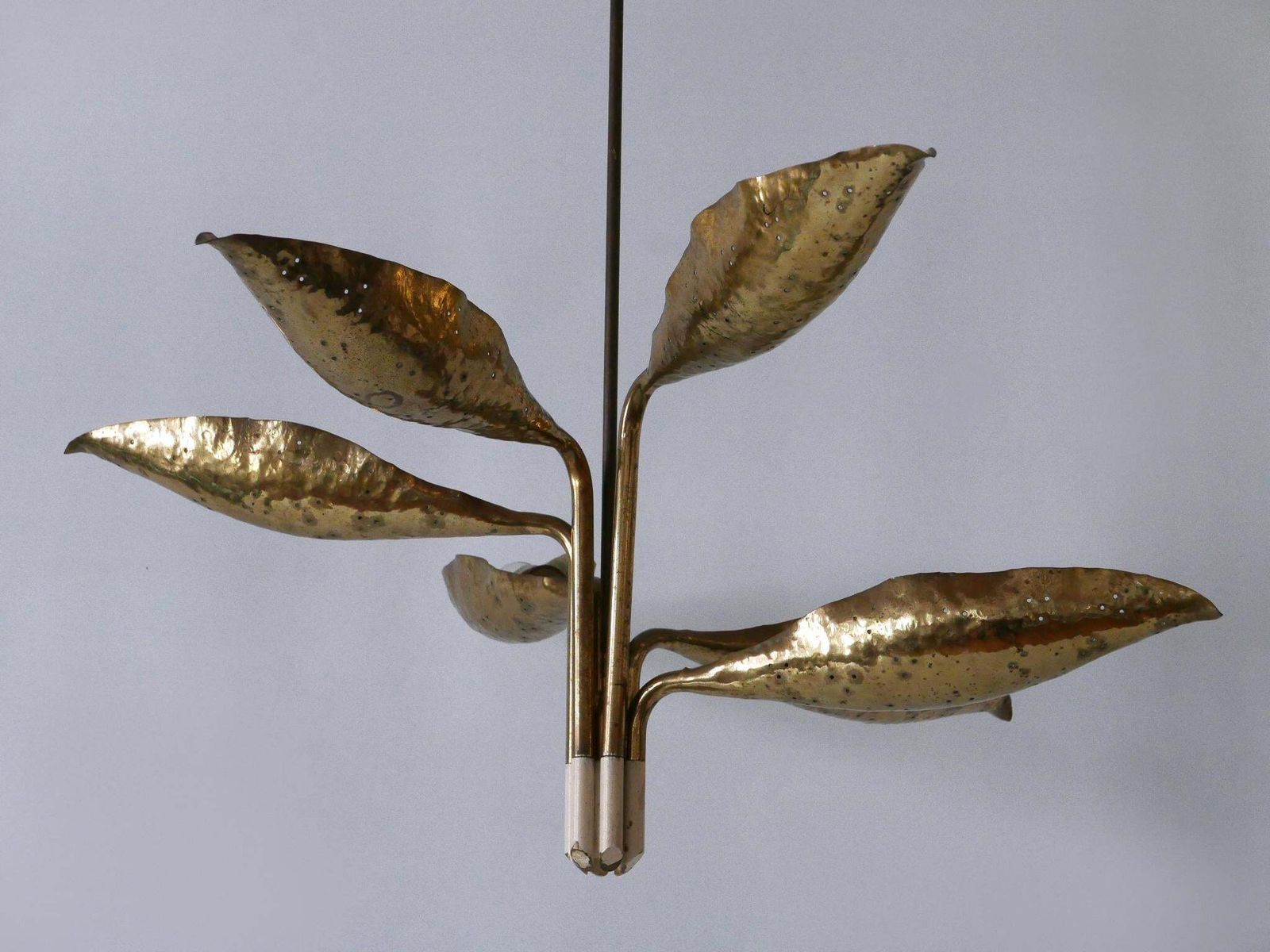 Angelo Lelii Hammered & Perforated Brass Chandelier For Arredoluce Italy 1950s photo for sale