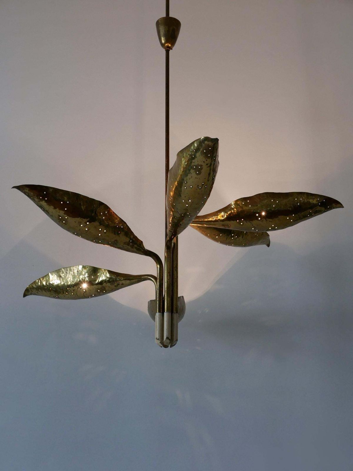 Angelo Lelii Hammered & Perforated Brass Chandelier For Arredoluce Italy 1950s photo vinterior