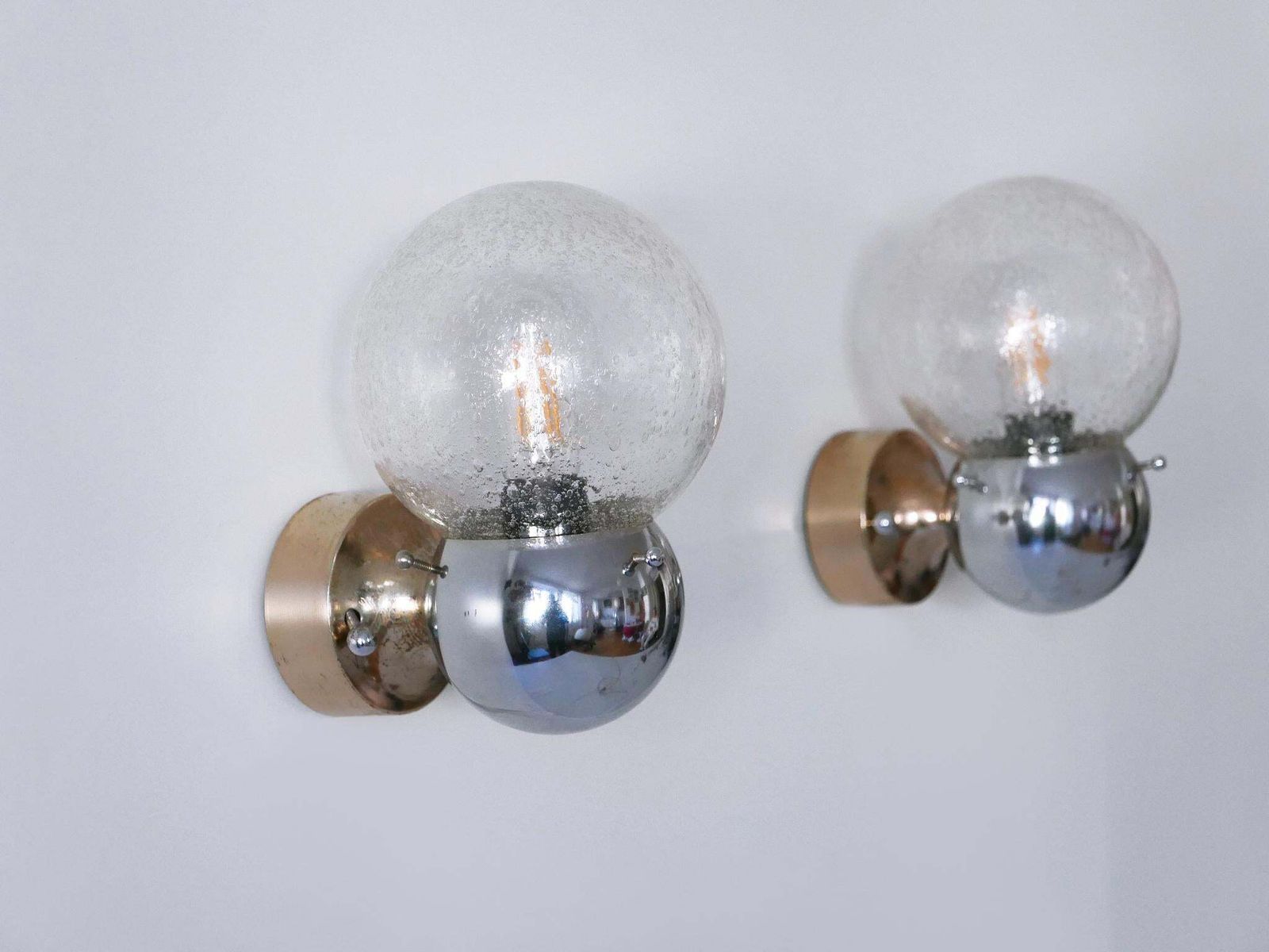 Set Of Two Amazing Mid Century Modern Glass & Metal Sconces Germany 1970s photo vinterior