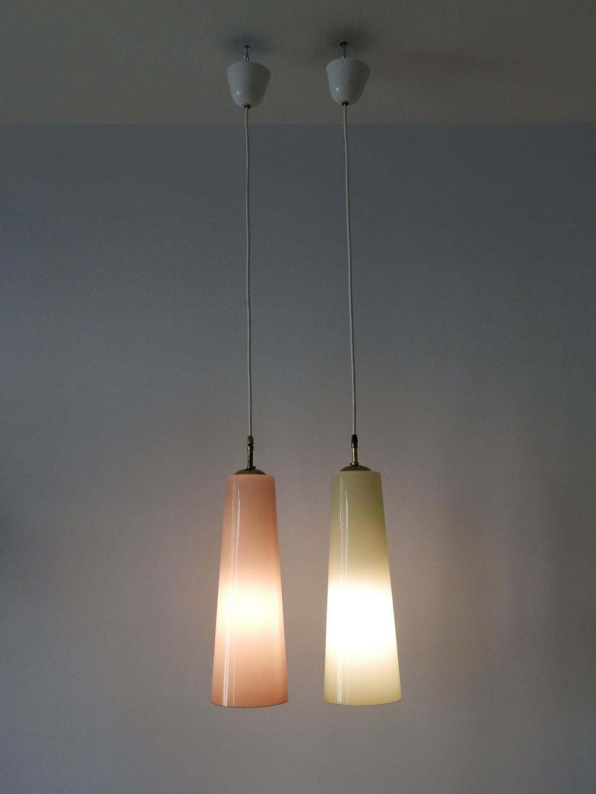 Set Of Two Elegant Mid Century Murano Glass Pendant Lamps By Vistosi Italy 1950s photo Lighting