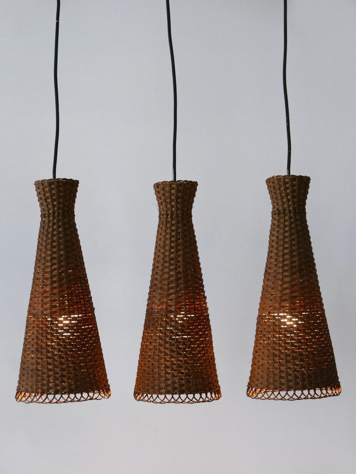 Set Of Three Lovely Mid Century Modern Rattan Diabolo Pendant Lamps 1960s photo Lighting