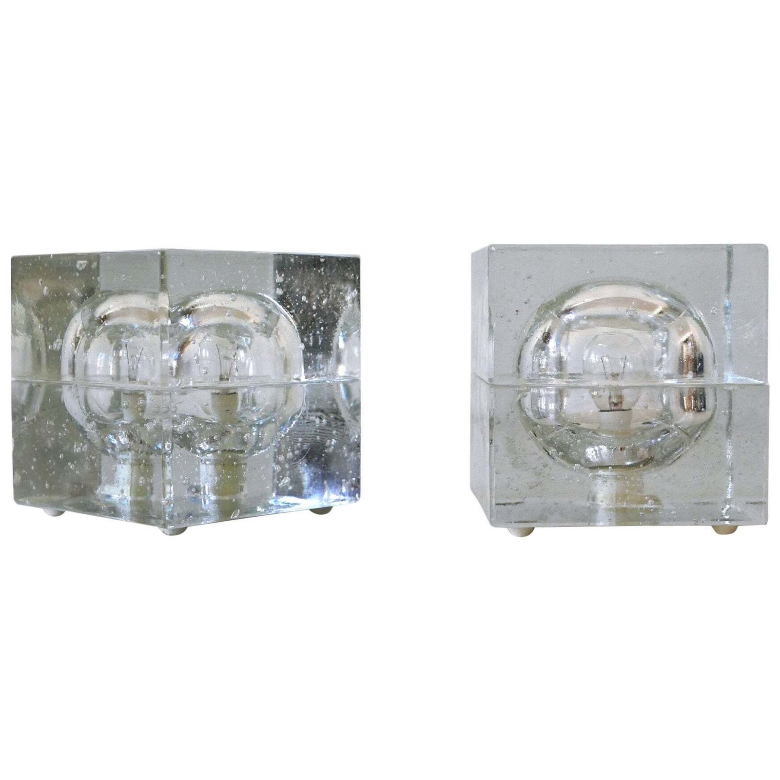 Set Of Two Hand Blown Ice Glass Cube Table Lamps By Müller & Zimmer Germany