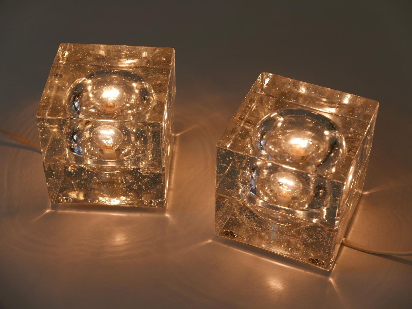 photo for sale Set Of Two Hand Blown Ice Glass Cube Table Lamps By Müller & Zimmer Germany