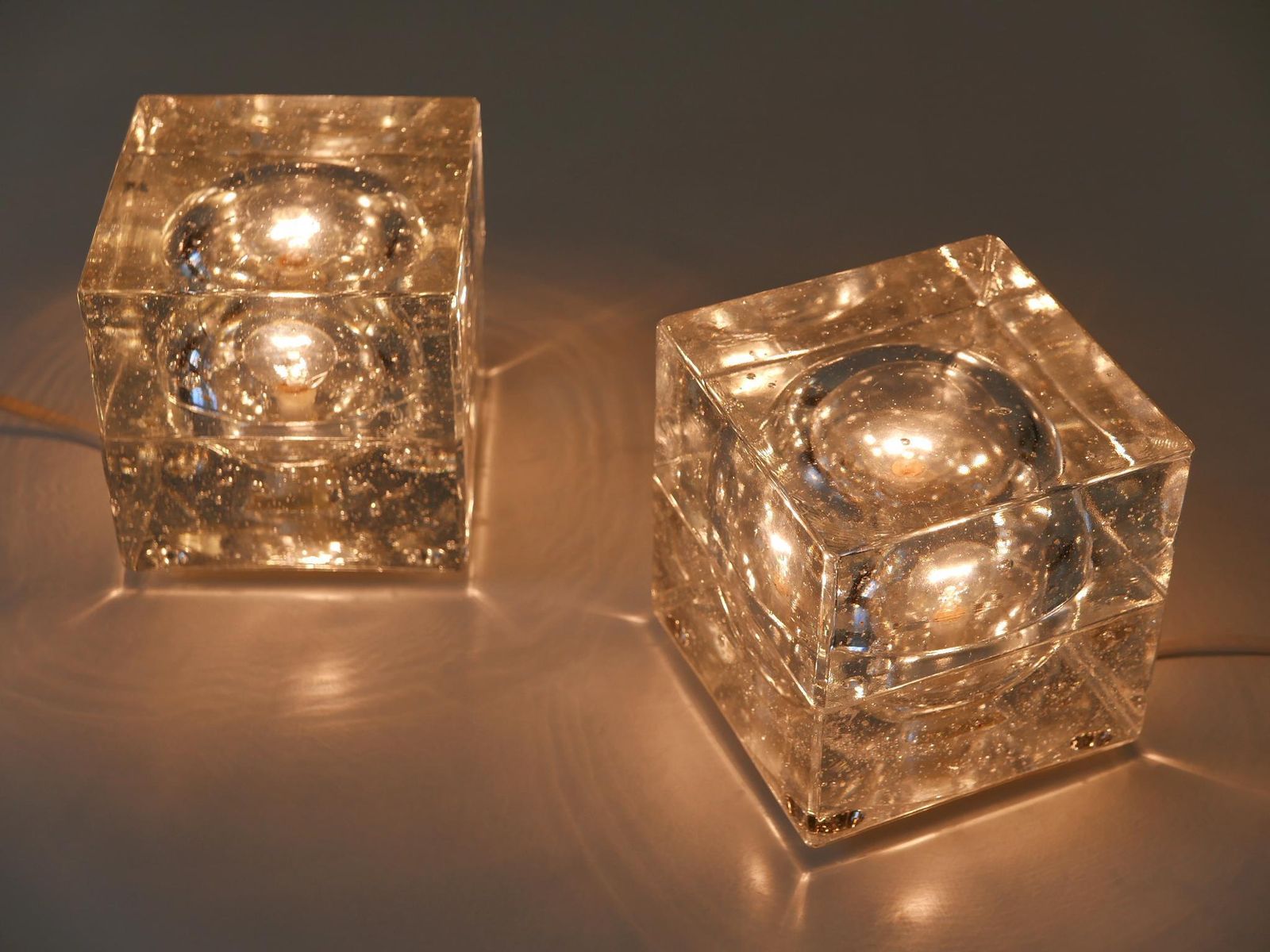 Lighting Set Of Two Hand Blown Ice Glass Cube Table Lamps By Müller & Zimmer Germany photo