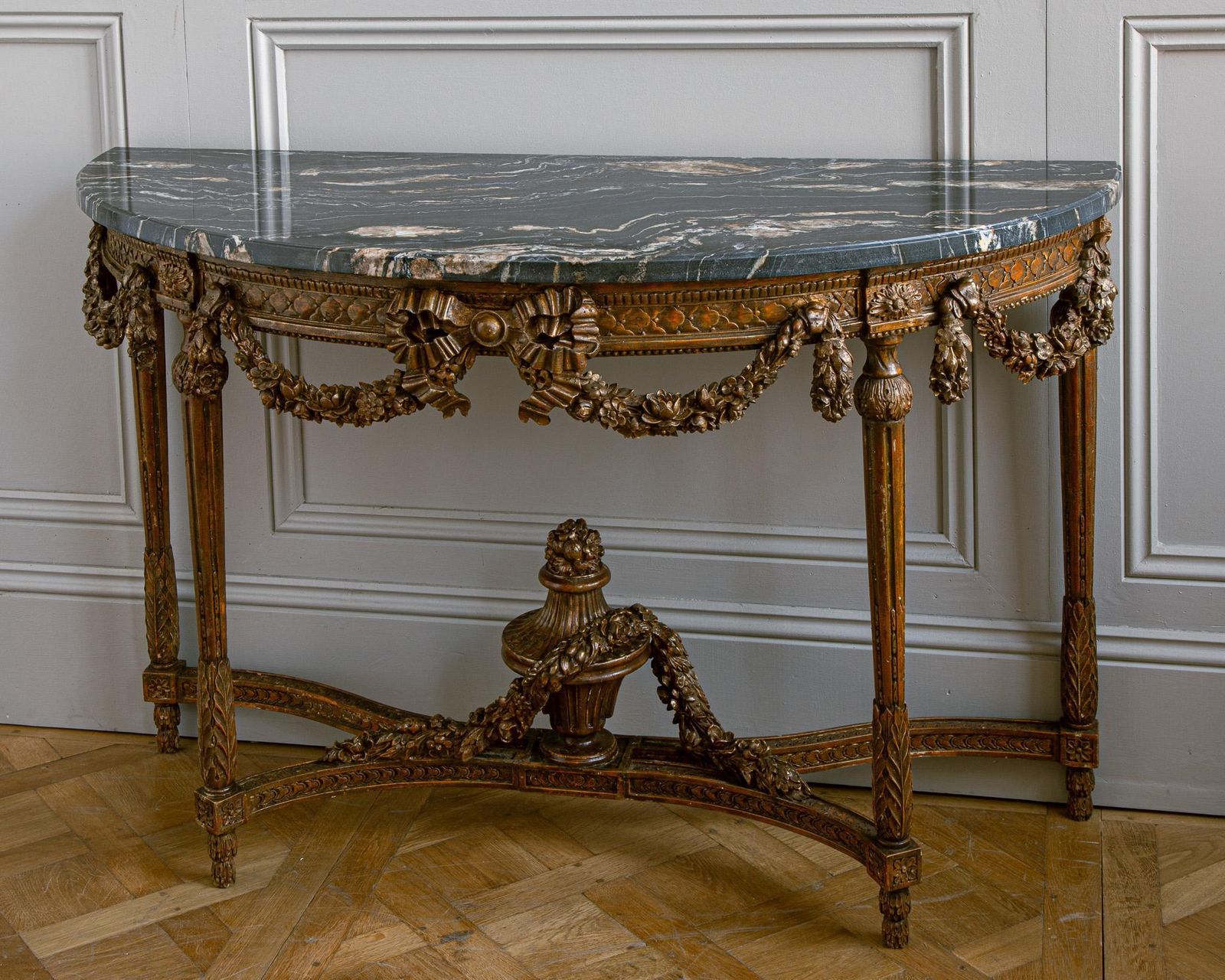 Large Louis XVI Style Demi Lune Console By La Maison London With A Portoro Top photo for sale
