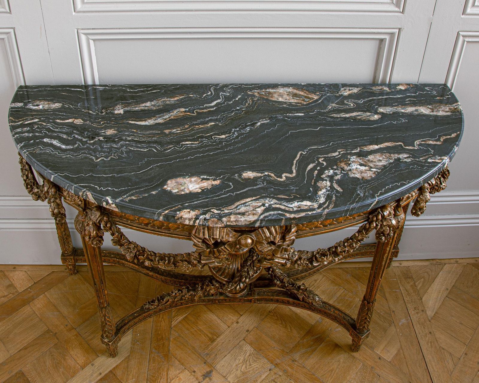 Large Louis XVI Style Demi Lune Console By La Maison London With A Portoro Top photo vinterior