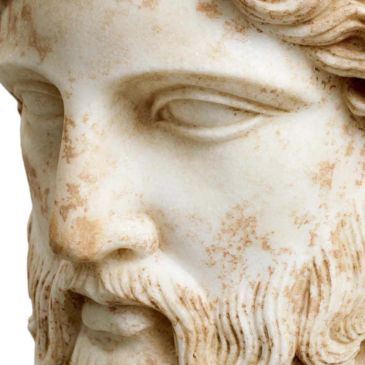 Marble Bust Representing Hermes, Patinated Marble, Contemporary Work. photo furniture