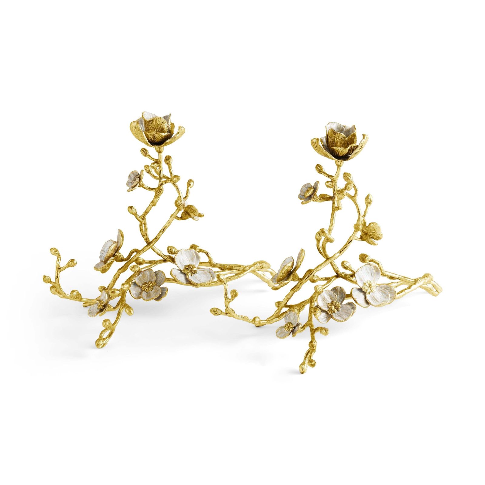 Pair Of Orchid Candleholders, Crafted In Brass And White Enamel. photo 1012.0