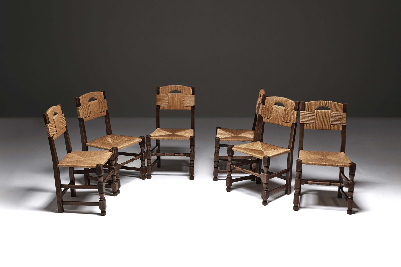 Set Of Six Oak And Rush Chairs With Sculptural Legs, Europe 1940s photo for sale