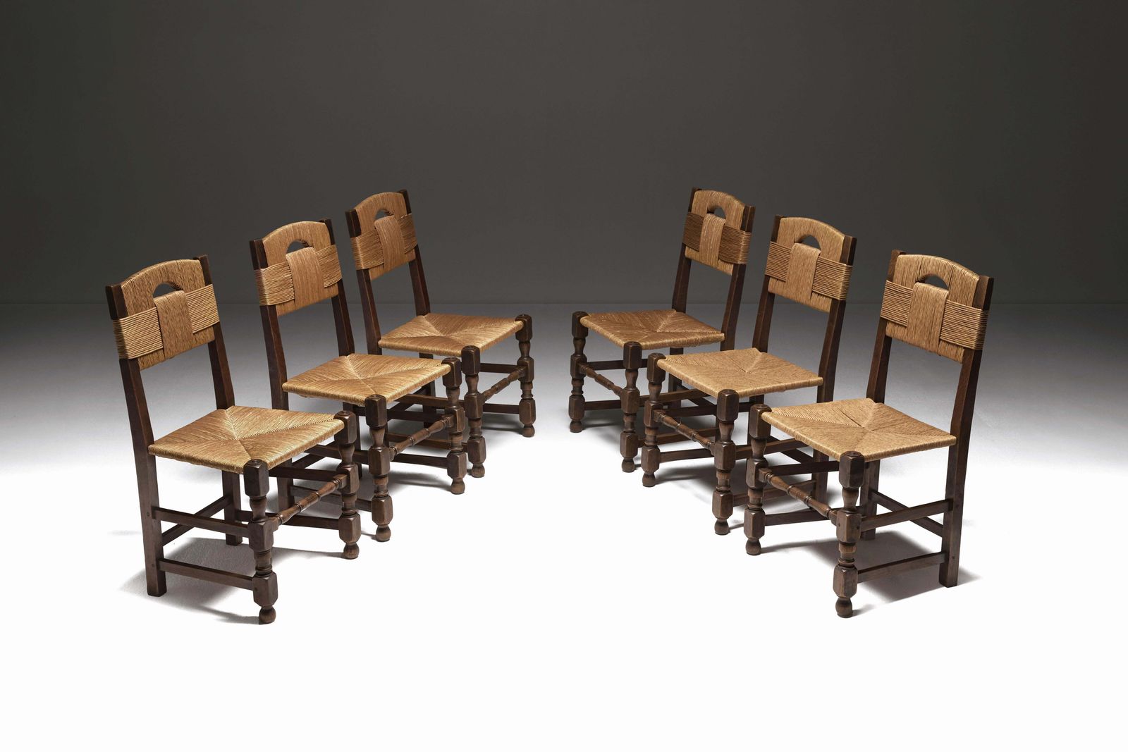 Set Of Six Oak And Rush Chairs With Sculptural Legs, Europe 1940s photo Furniture