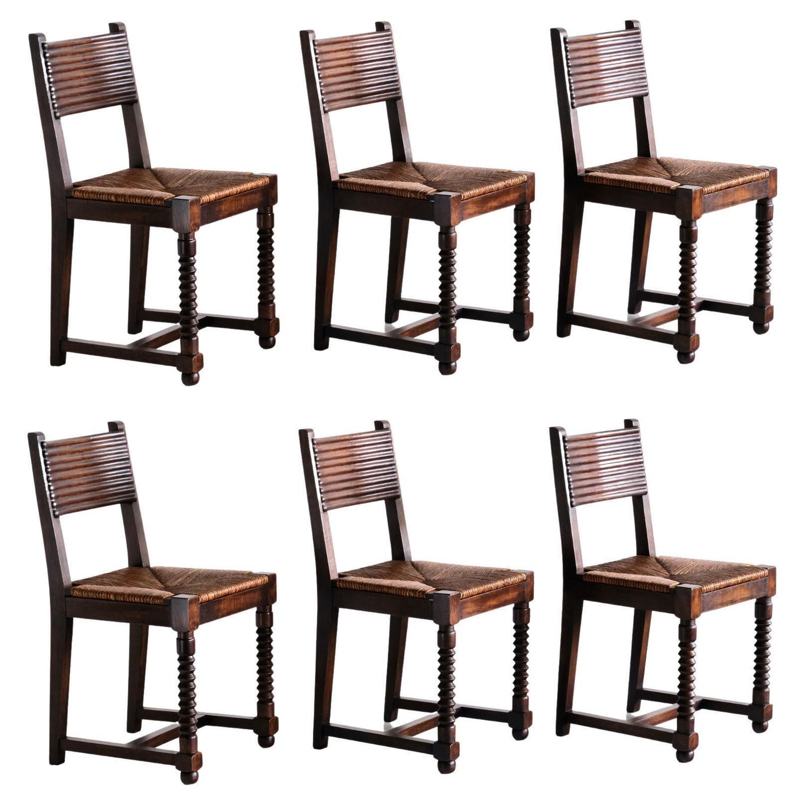 Set Of Six Victor Courtray Dining Chairs In Oak And Rush, France, 1940s