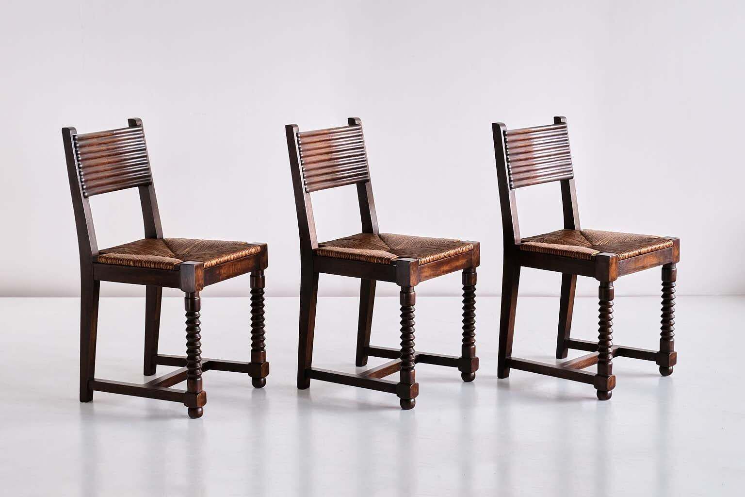 Set Of Six Victor Courtray Dining Chairs In Oak And Rush, France, 1940s photo for sale