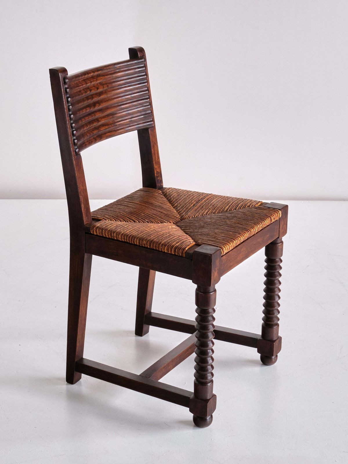 Furniture Set Of Six Victor Courtray Dining Chairs In Oak And Rush, France, 1940s photo