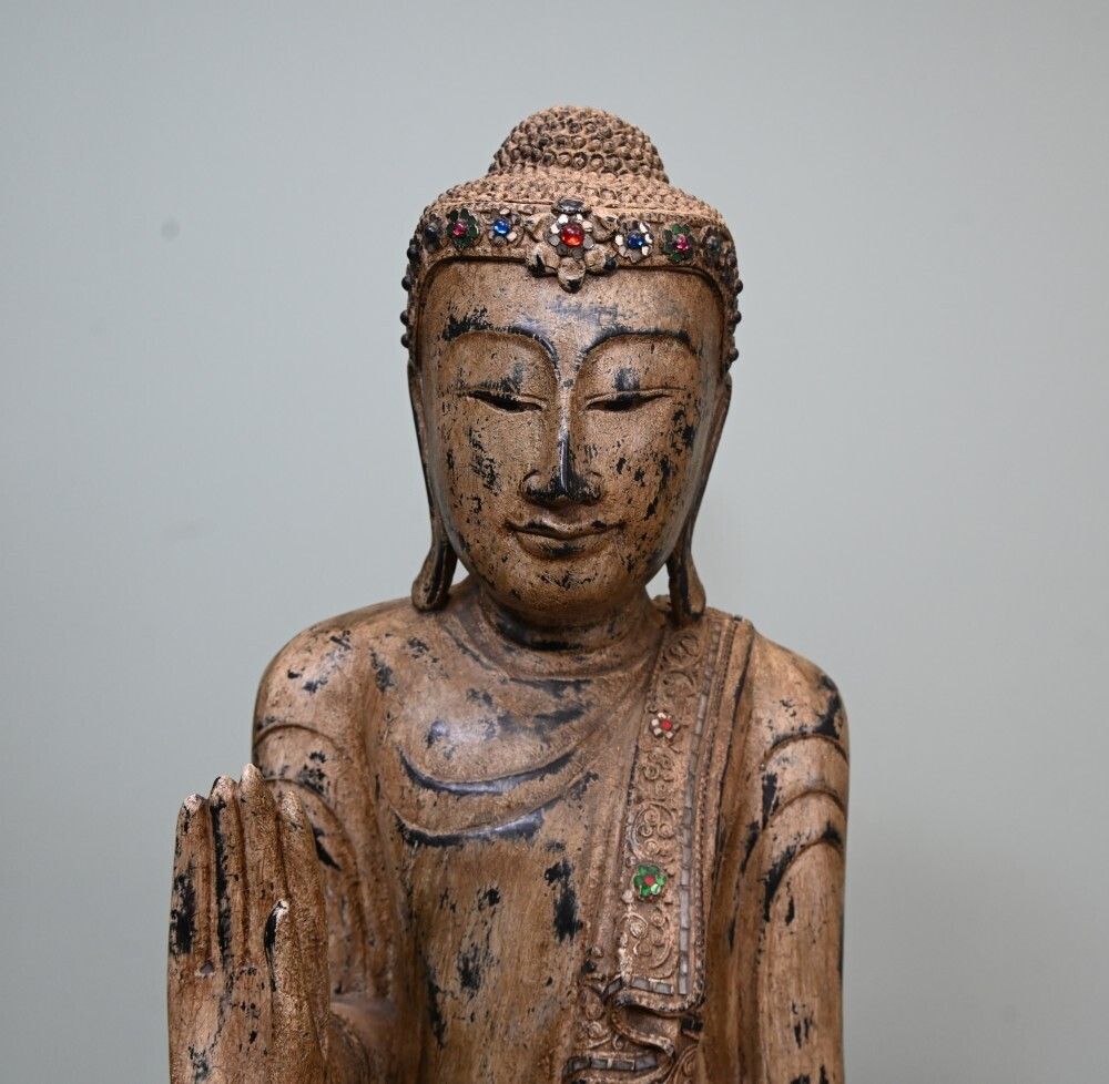 Standing Carved Burmese Buddha Statue Buddhism Buddhist Art photo for sale