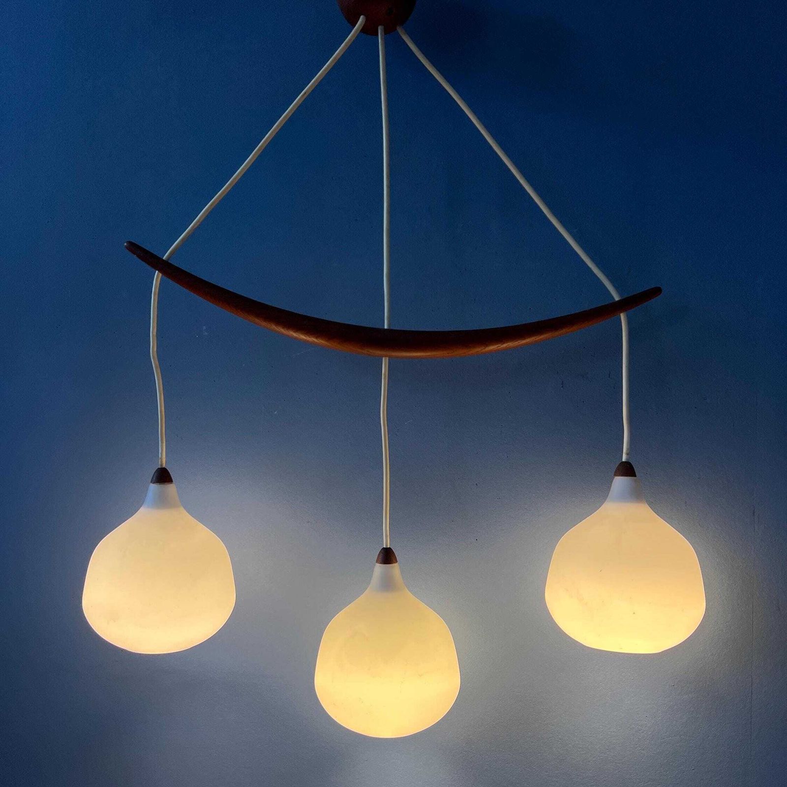 Teak Wood Opaline Glass Chandelier 512 By Uno & östen Kristiansson For Luxus Sweden