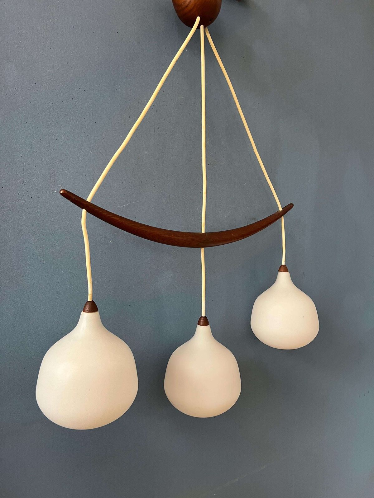 Teak Wood Opaline Glass Chandelier 512 By Uno & östen Kristiansson For Luxus Sweden photo vinterior