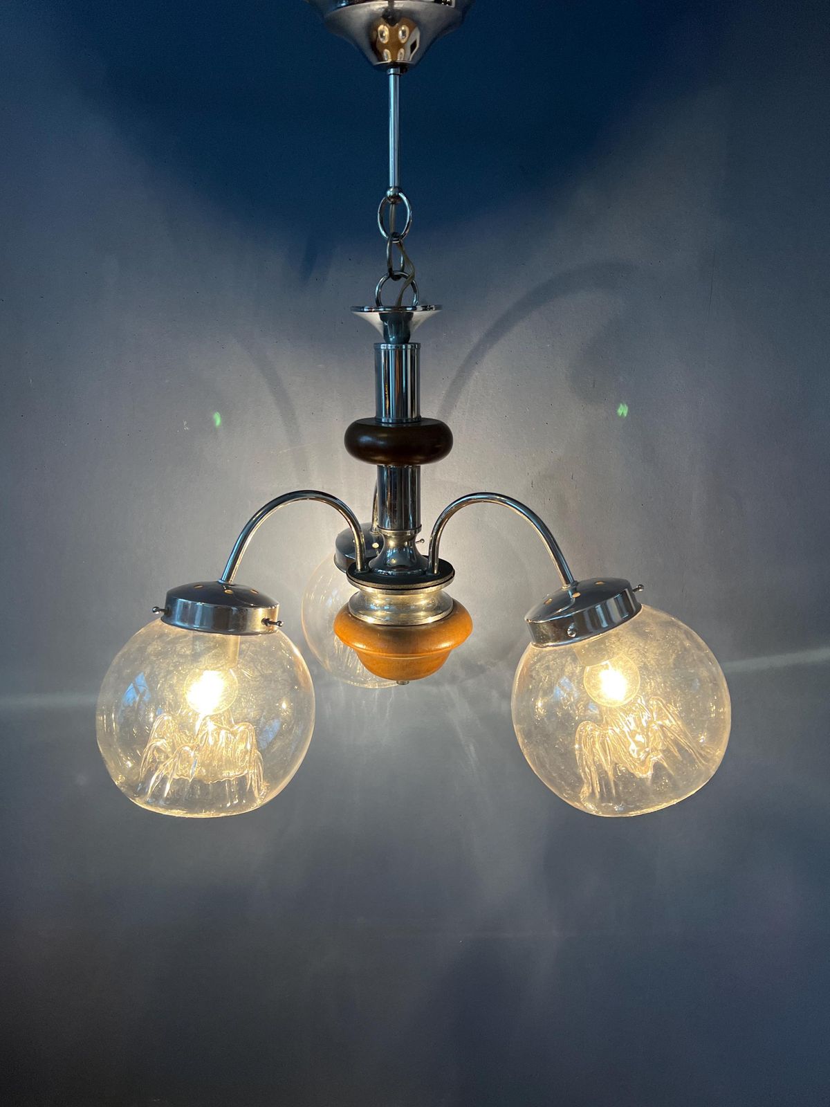 Vintage Clear Glass Murano Chandelier With Chrome Frame photo for sale