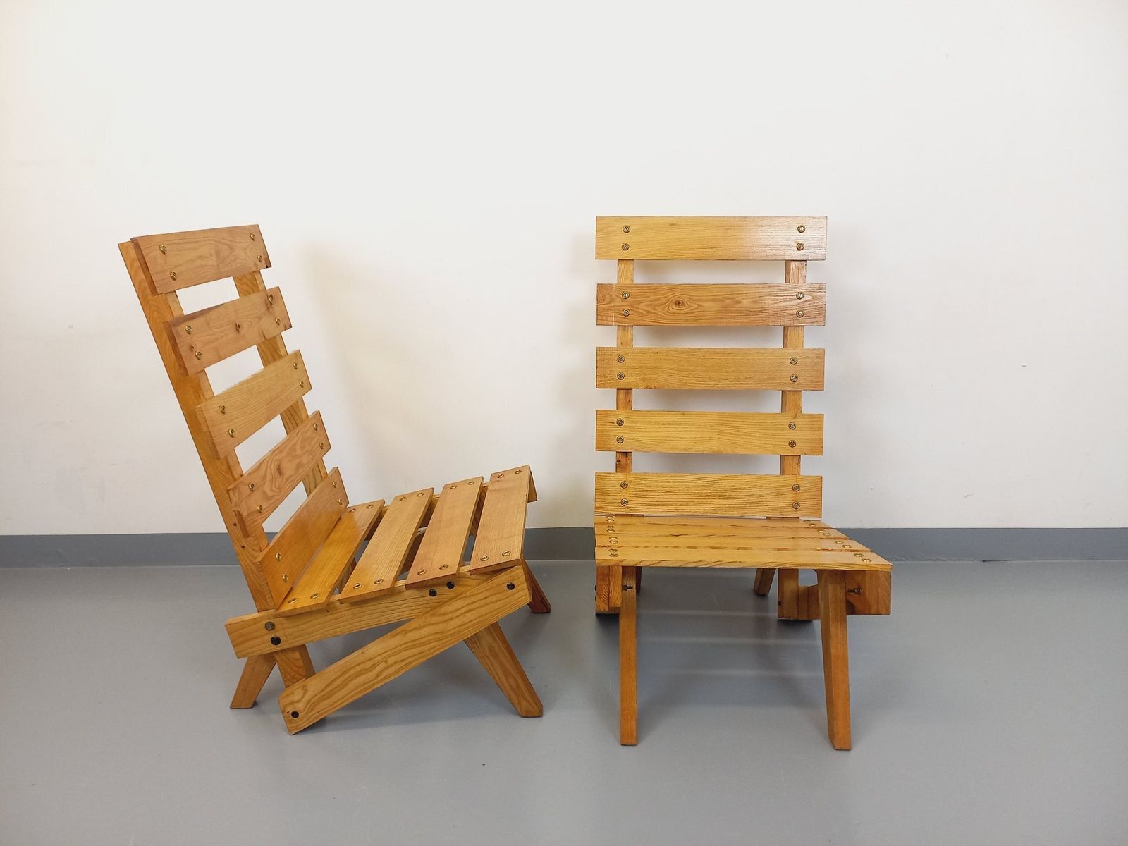 2 Brutalist Armchairs With Wooden Slats photo Furniture