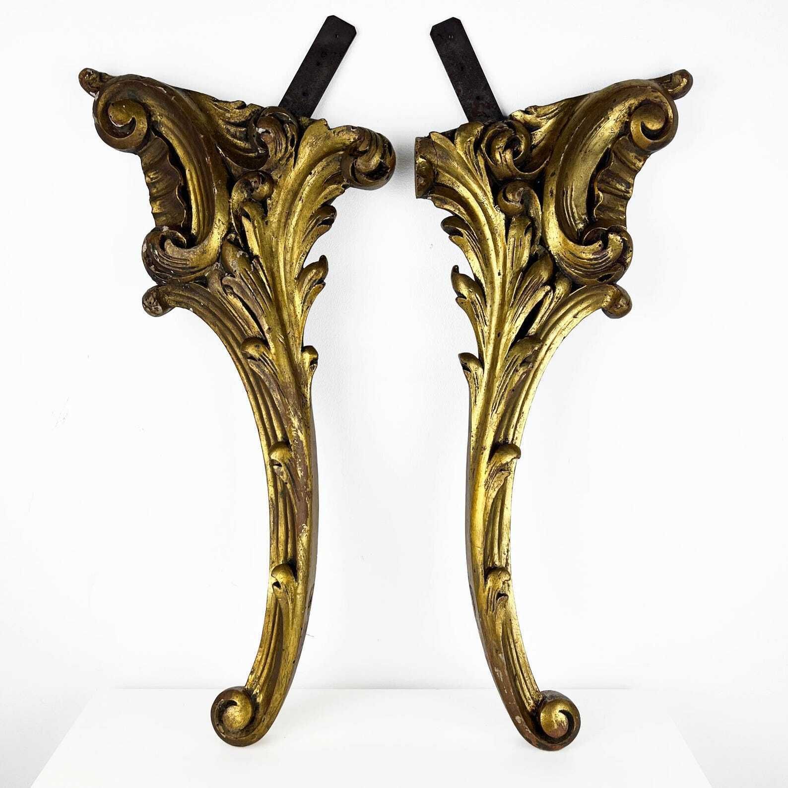 Pair Of Antique Salvaged Console Legs, Gilt Wood Carving Fragments, Architectural Salvage