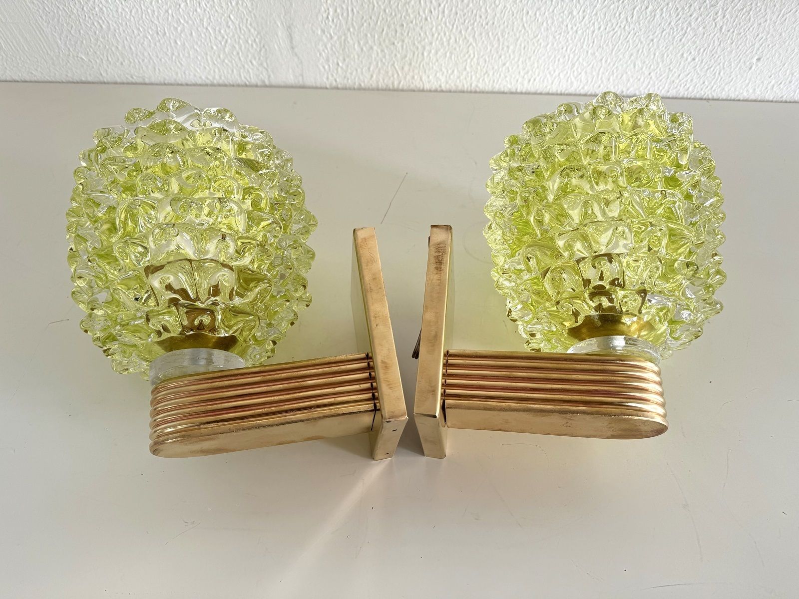 photo for sale Italian Art Deco Brass And Green Rostrato Murano Glass Wall Sconces In Barovier Toso Style
