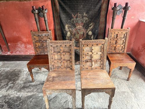Set Of 4 Rare Antique Studded Rustic Elizabethan Style Diner Hall Chairs photo furniture