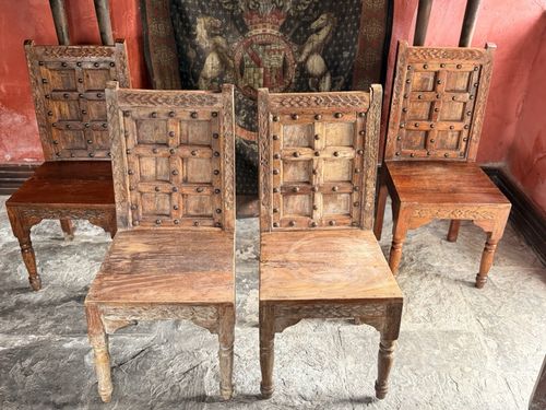 Set Of 4 Rare Antique Studded Rustic Elizabethan Style Diner Hall Chairs photo for sale