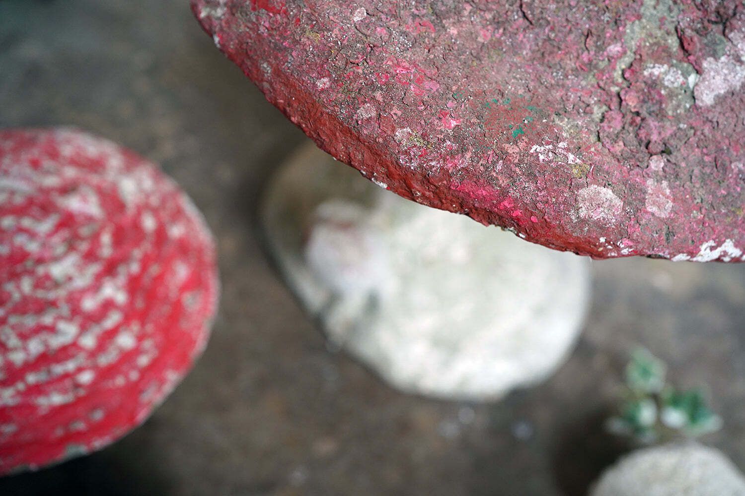 photo for sale A Group Of Four Mid 20thc French Painted Stone Garden Mushrooms C.1950 60