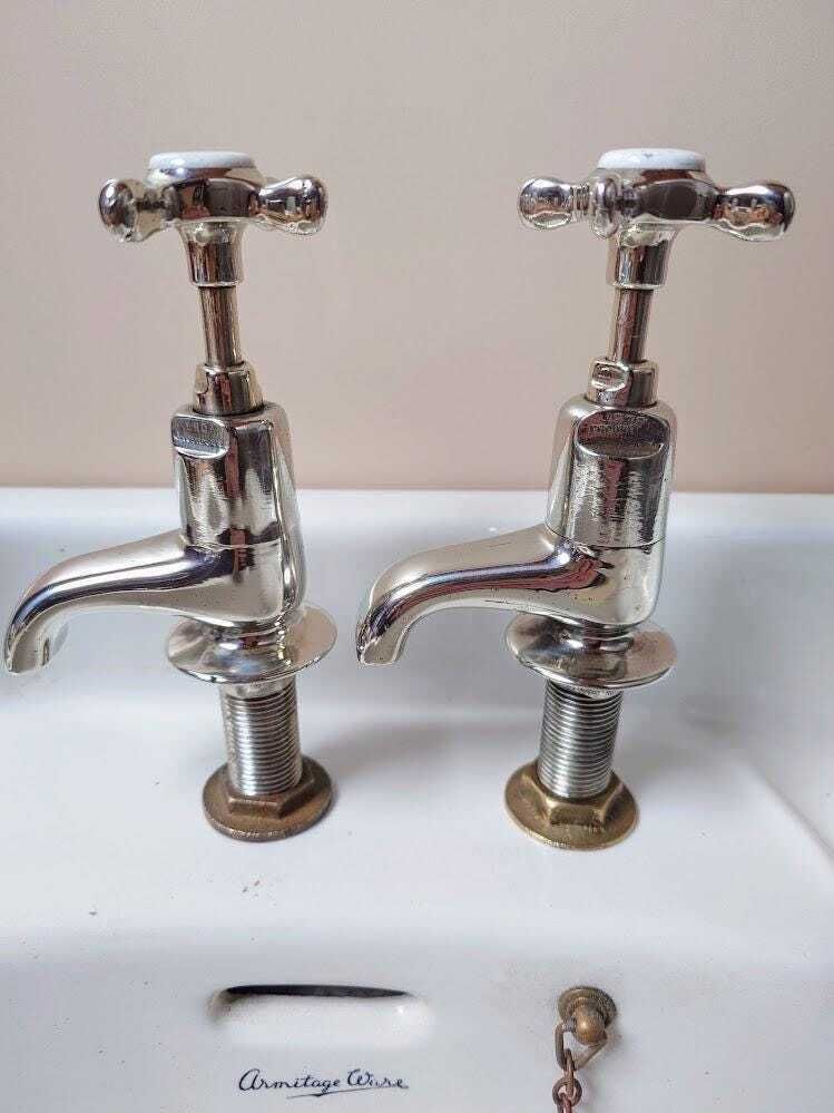 Antique Polished Nickel Basin Taps, Vintage White Brass Basin Faucets, 1930s Sink Taps, Overhauled And Ready To Fit photo buy