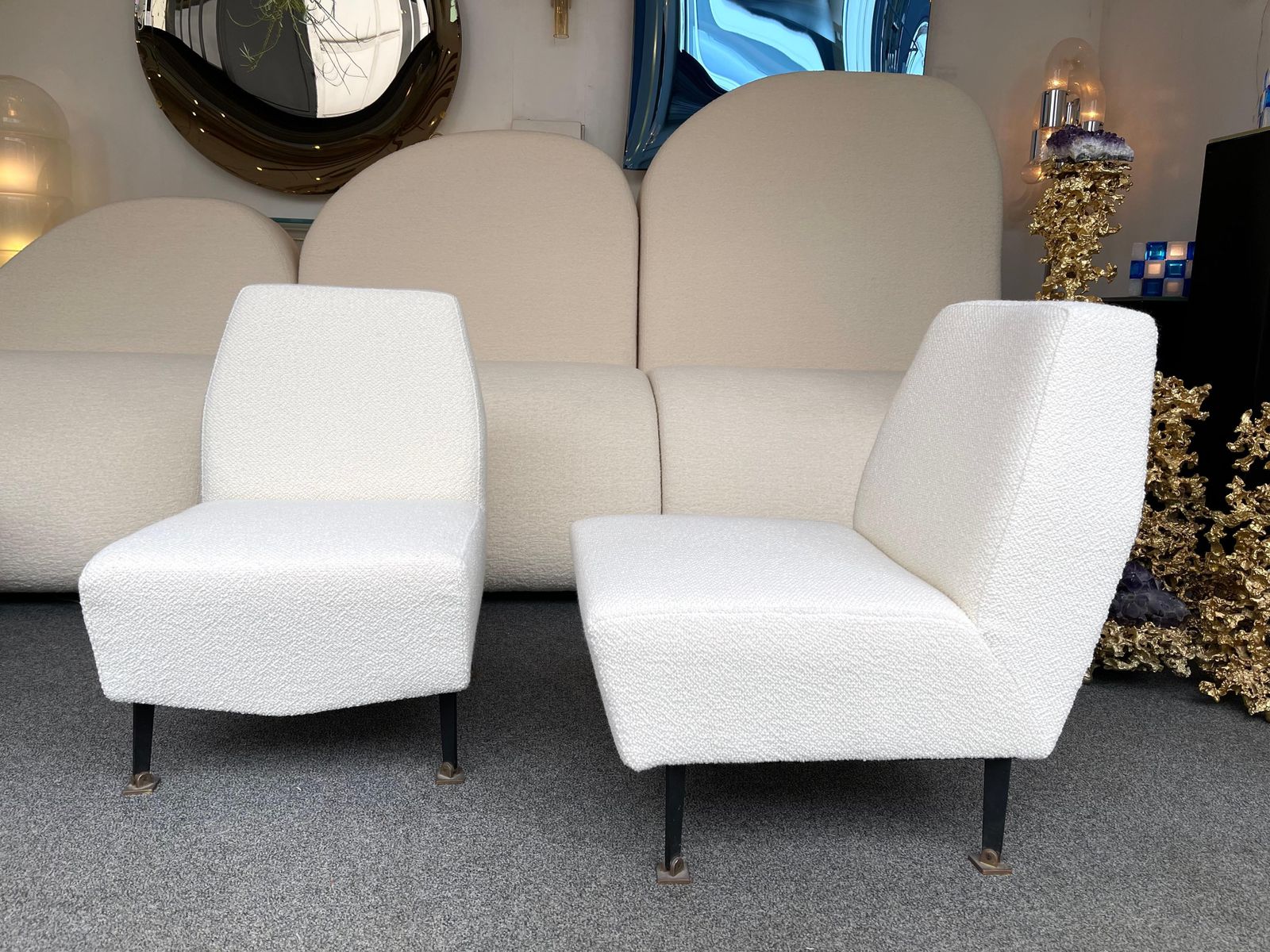 photo for sale Pair Of Slipper Chairs Bouclé Fabric By Studio Apa For Lenzi, Italy, 1960s