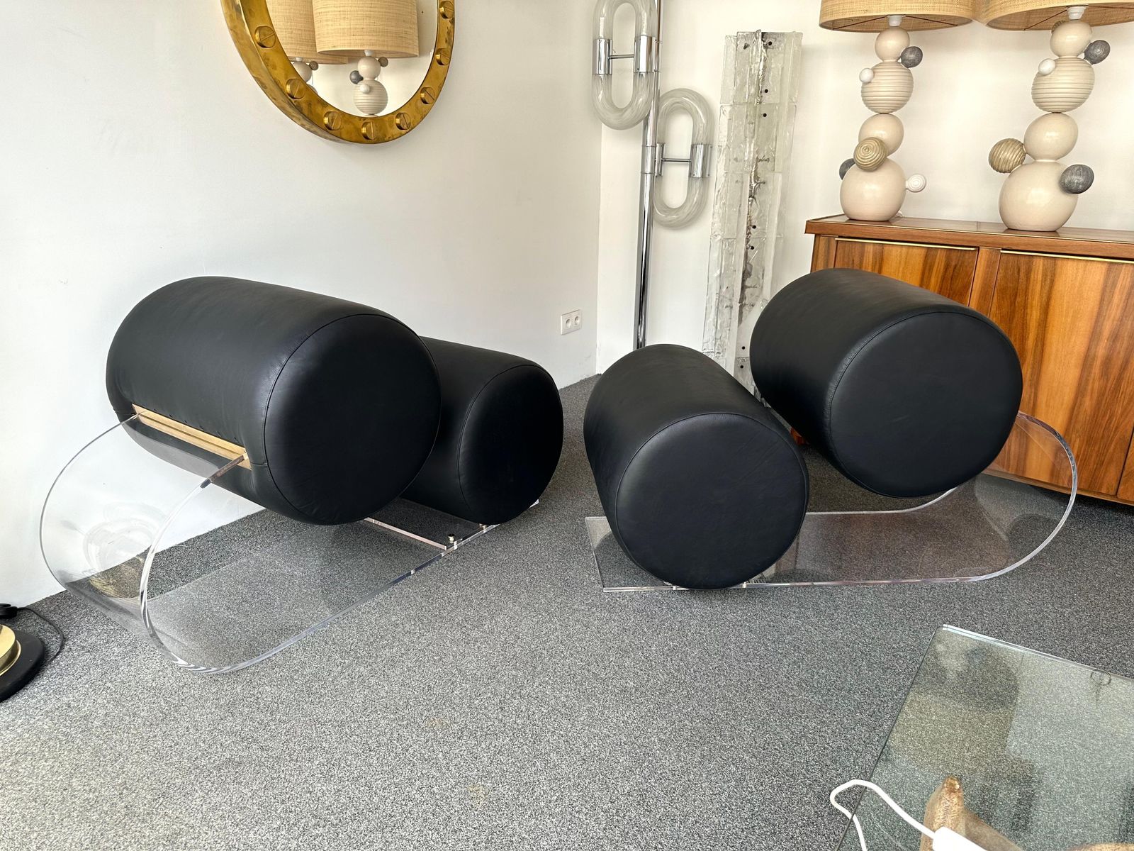 Space Age Pair Of Lucite Leather Slipper Chairs By Marzio Cecchi, Italy, 1970s photo vintage