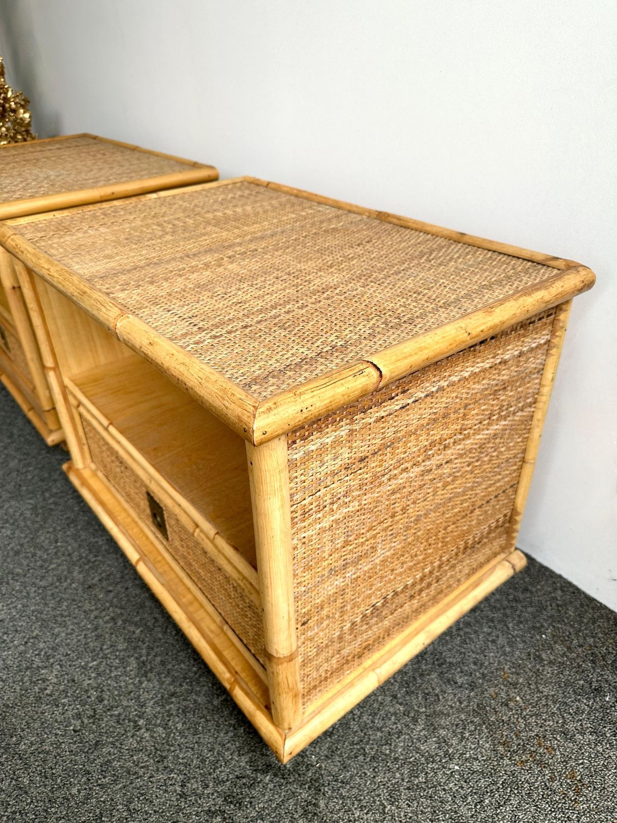 Bamboo Rattan And Brass Bedside Tables By Dal Vera, Italy, 1970s photo vintage