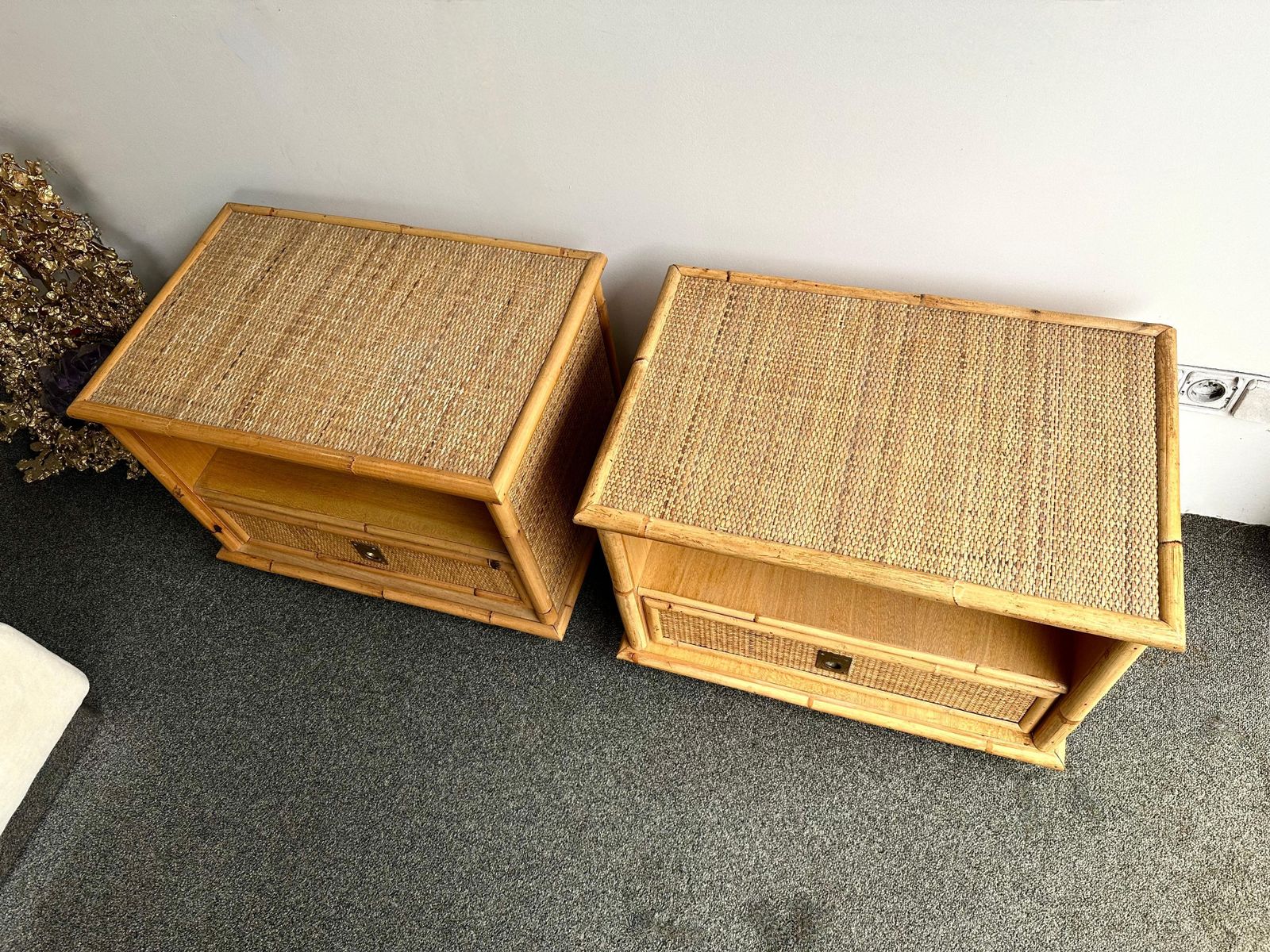 Furniture Bamboo Rattan And Brass Bedside Tables By Dal Vera, Italy, 1970s photo
