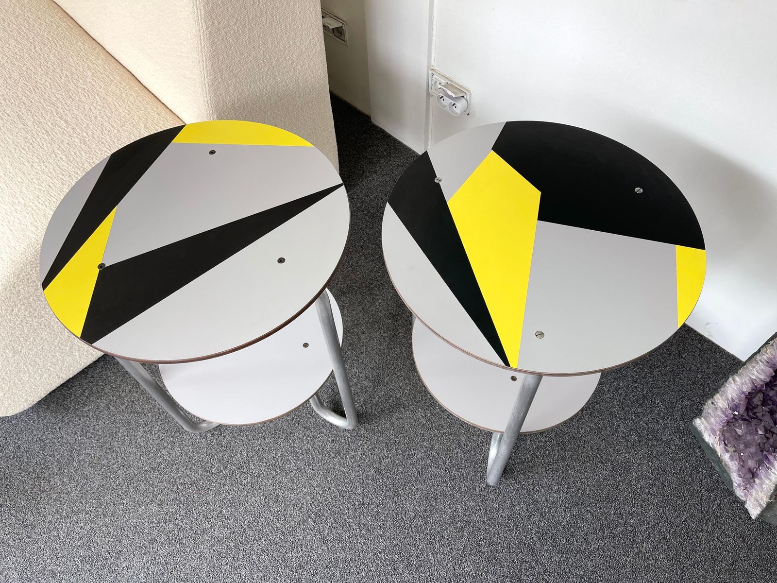 Pair Of Geometry Formica Marquetry And Metal Side Tables, Italy, 1980s photo Furniture