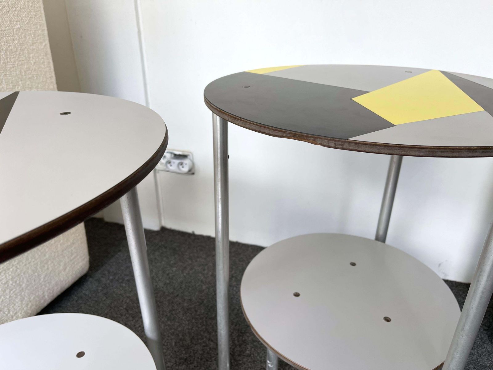 photo for sale Pair Of Geometry Formica Marquetry And Metal Side Tables, Italy, 1980s