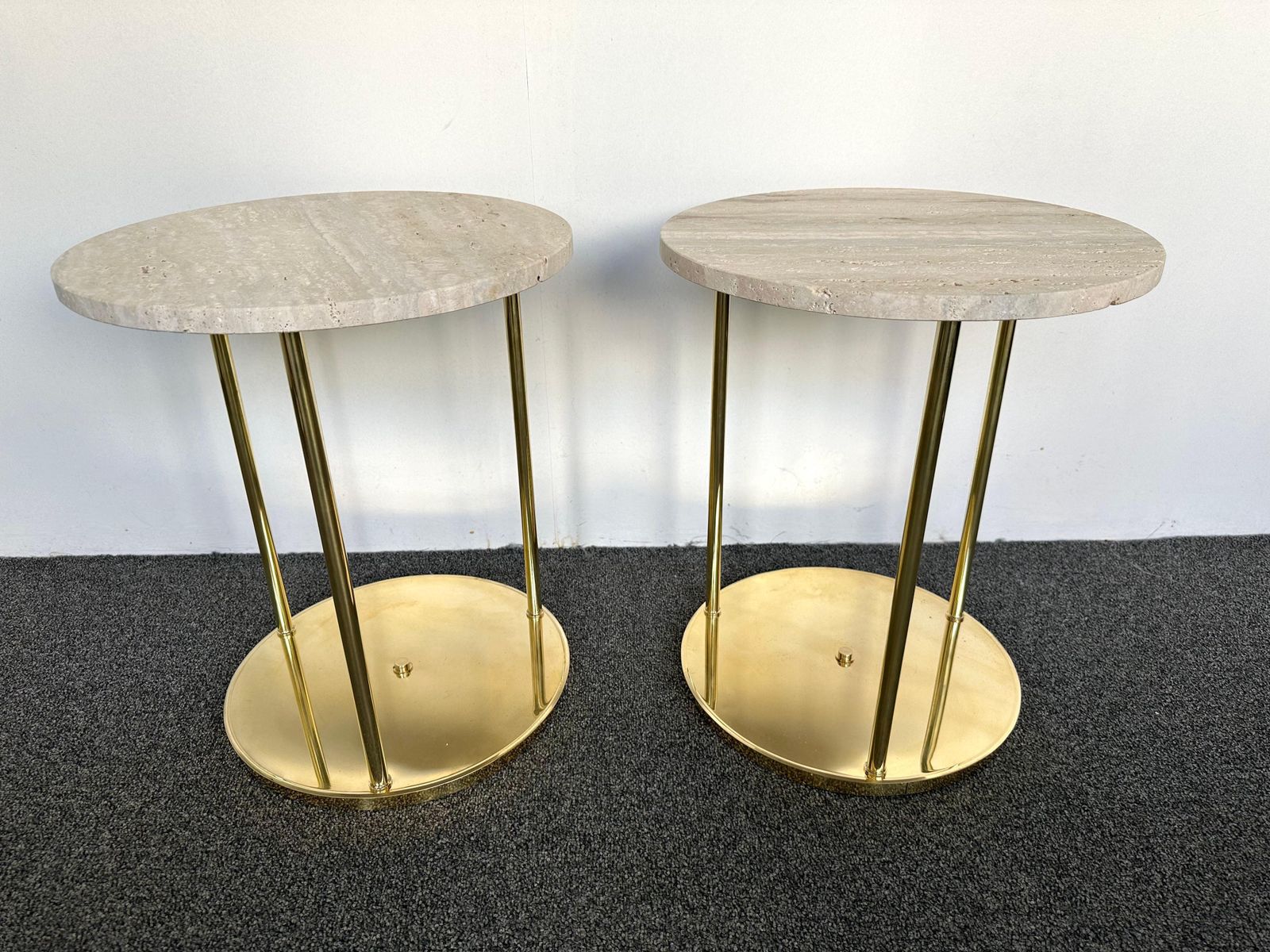 Contemporary Pair Of Brass And Travertine Side Tables, Italy photo buy