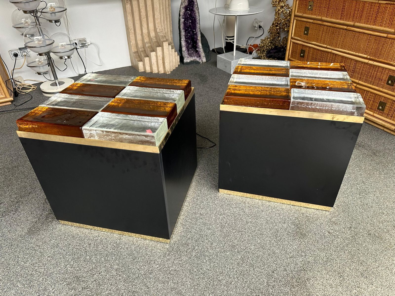 Contemporary Pair Of Lighting Murano Glass Brass Side Tables, Italy photo 7697.0
