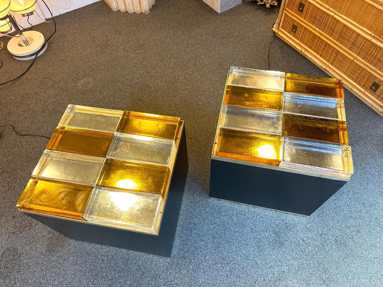 Contemporary Pair Of Lighting Murano Glass Brass Side Tables, Italy photo vinterior