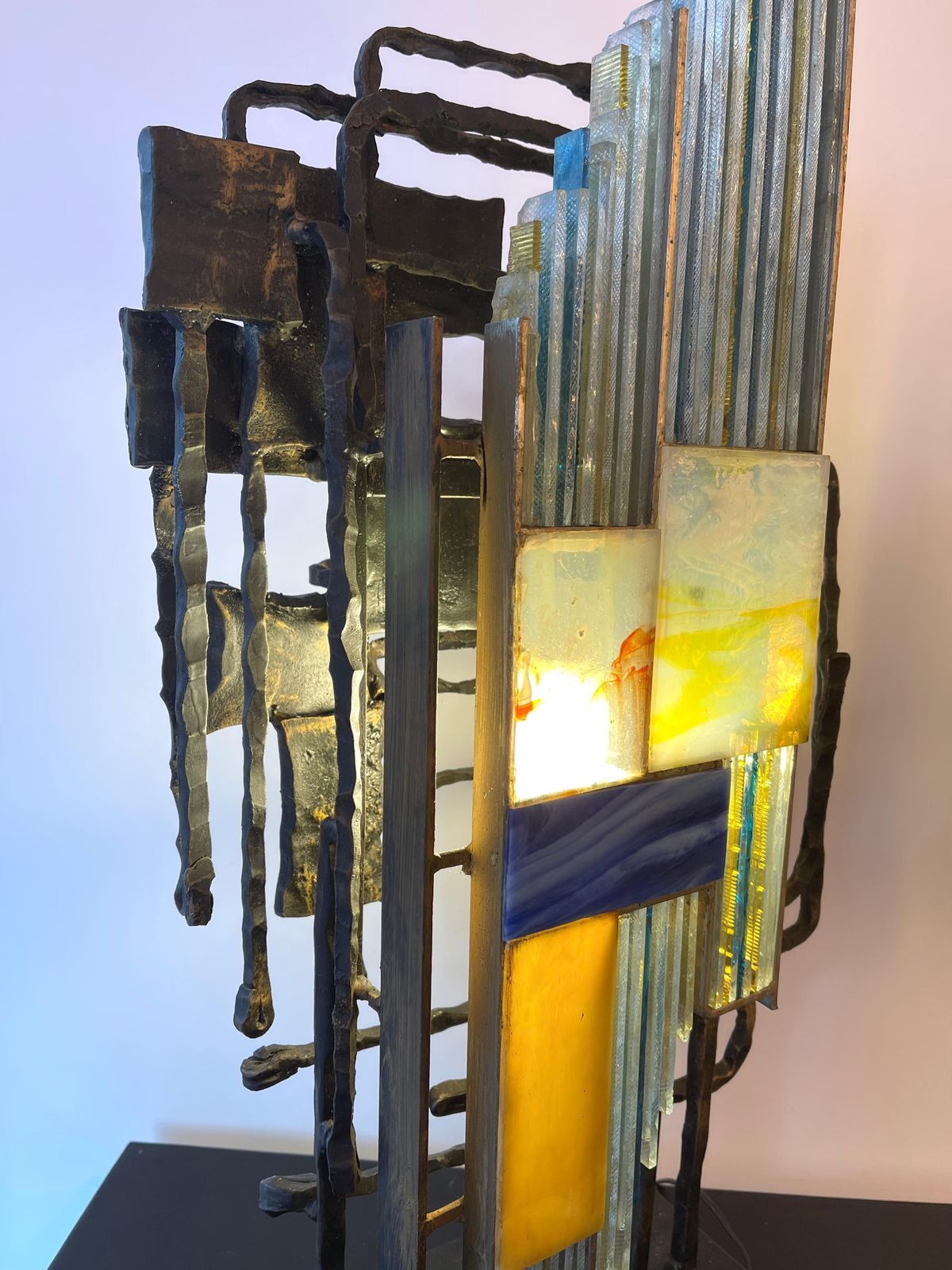 Hammered Glass Wrought Iron Sculpture Lamp By Biancardi & Jordan, Italy, 1970s photo furniture