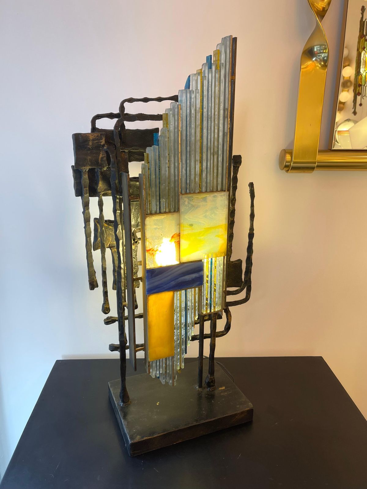Hammered Glass Wrought Iron Sculpture Lamp By Biancardi & Jordan, Italy, 1970s photo for sale